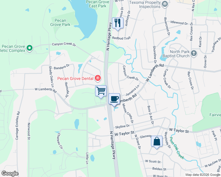 map of restaurants, bars, coffee shops, grocery stores, and more near 2312 San Miguel Street in Sherman