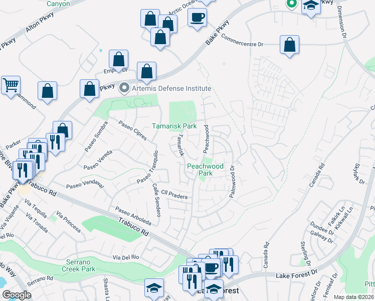 map of restaurants, bars, coffee shops, grocery stores, and more near 21084 Calle De Paseo in Lake Forest