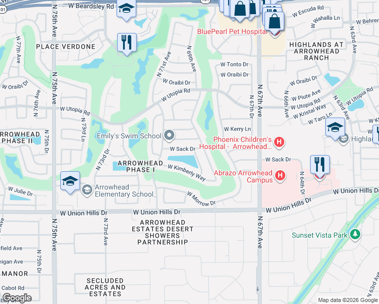 map of restaurants, bars, coffee shops, grocery stores, and more near 6927 West Sack Drive in Glendale