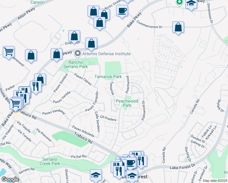map of restaurants, bars, coffee shops, grocery stores, and more near 21081 Calle De Paseo in Lake Forest