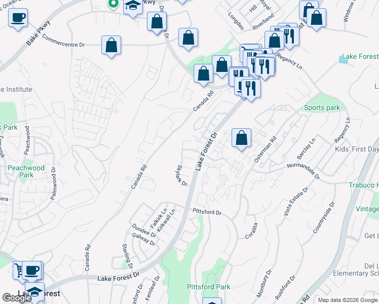 map of restaurants, bars, coffee shops, grocery stores, and more near 26172 Vintage Woods Road in Lake Forest