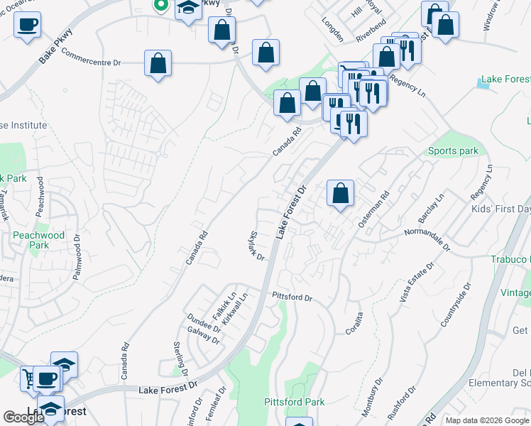 map of restaurants, bars, coffee shops, grocery stores, and more near 26172 Vintage Woods Road in Lake Forest