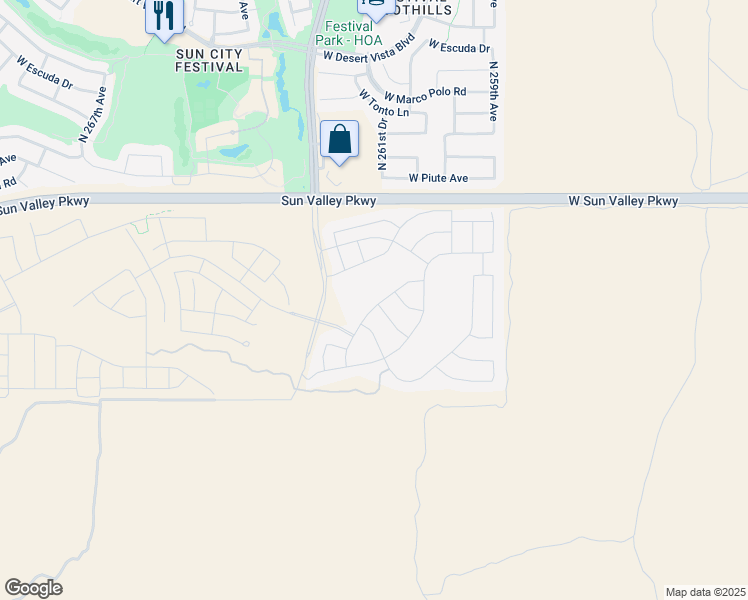 map of restaurants, bars, coffee shops, grocery stores, and more near 26138 West Siesta Lane in Buckeye
