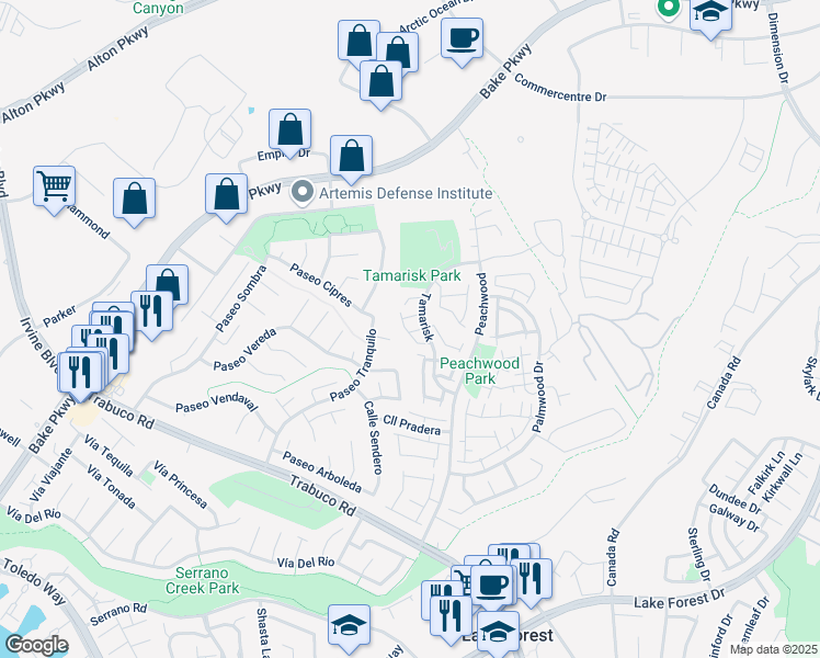 map of restaurants, bars, coffee shops, grocery stores, and more near 25215 Avenida Pacifica in Lake Forest