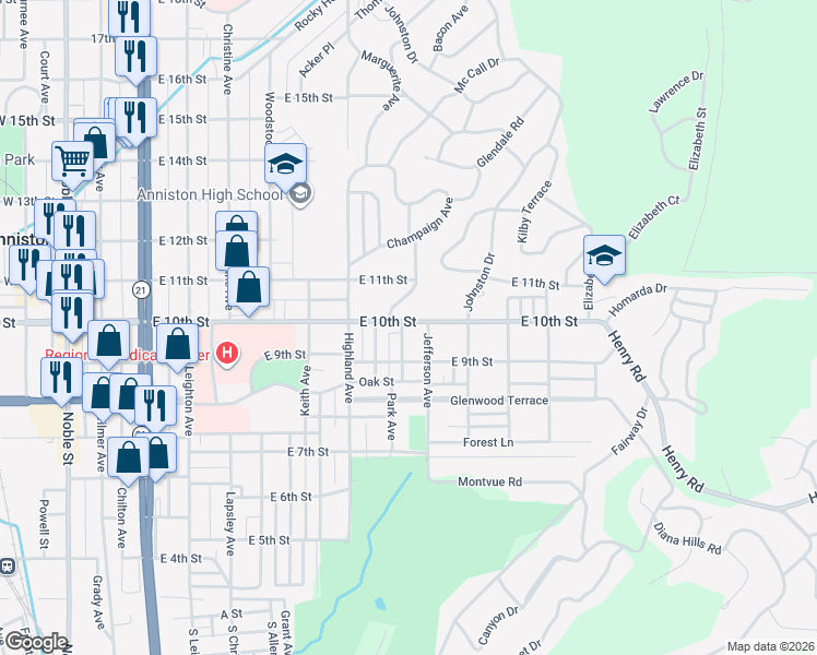 map of restaurants, bars, coffee shops, grocery stores, and more near 931 Isabell Avenue in Anniston