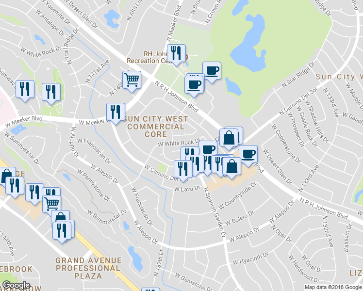 map of restaurants, bars, coffee shops, grocery stores, and more near 13631 West White Rock Drive in Sun City West