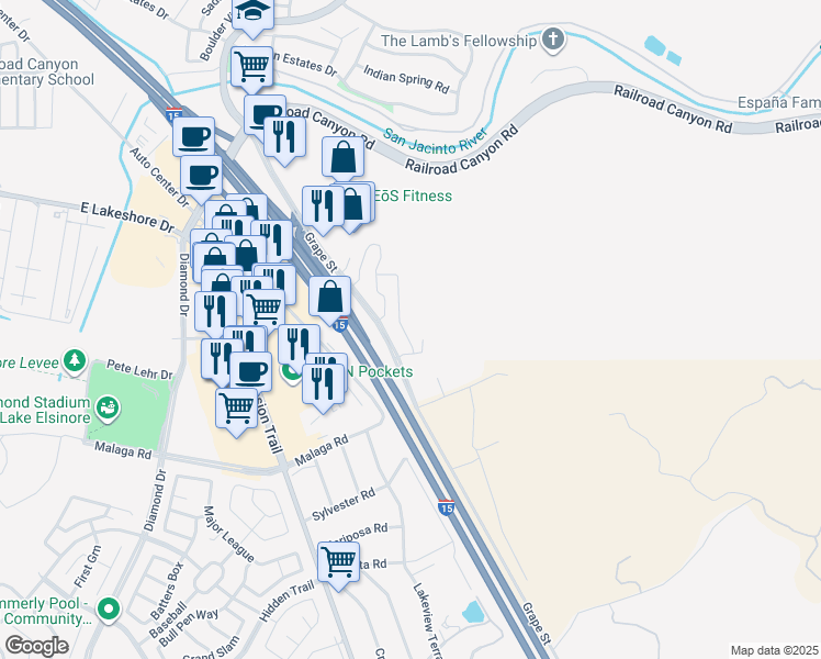 map of restaurants, bars, coffee shops, grocery stores, and more near 15636 Vista Way in Lake Elsinore