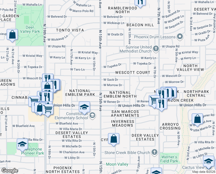 map of restaurants, bars, coffee shops, grocery stores, and more near 1423 West Morrow Drive in Phoenix