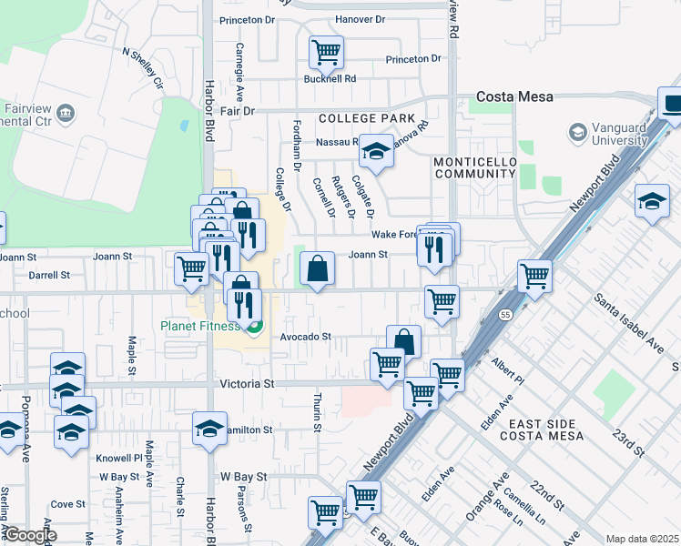 map of restaurants, bars, coffee shops, grocery stores, and more near 2268 Cornell Drive in Costa Mesa