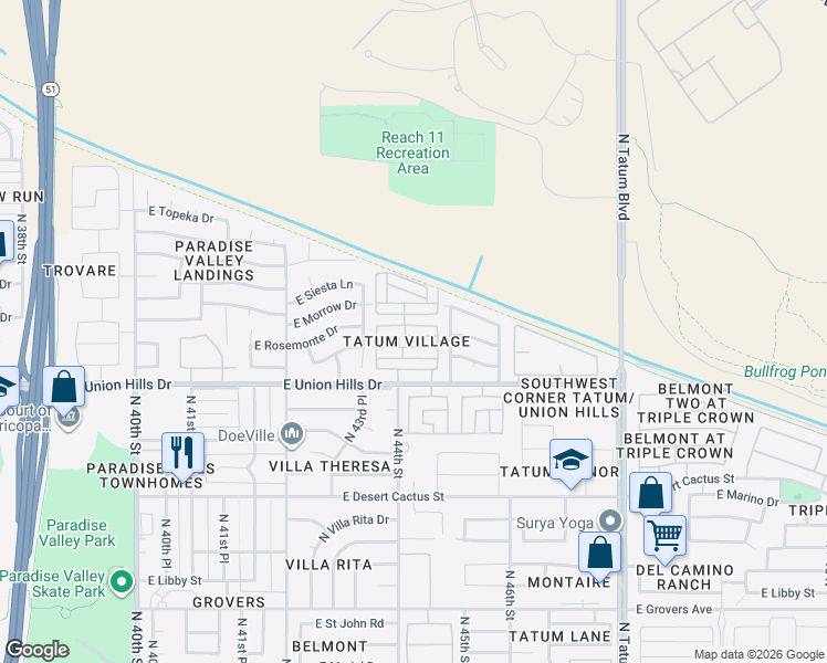 map of restaurants, bars, coffee shops, grocery stores, and more near 4373 East Rosemonte Drive in Phoenix
