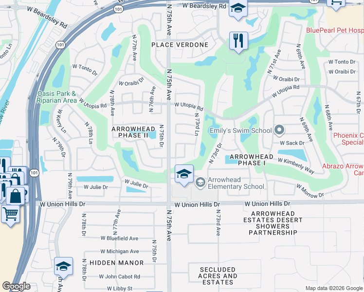 map of restaurants, bars, coffee shops, grocery stores, and more near 19025 North 74th Drive in Glendale