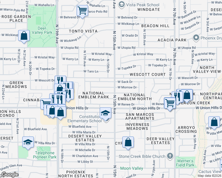 map of restaurants, bars, coffee shops, grocery stores, and more near 1507 W Morrow Dr in Phoenix