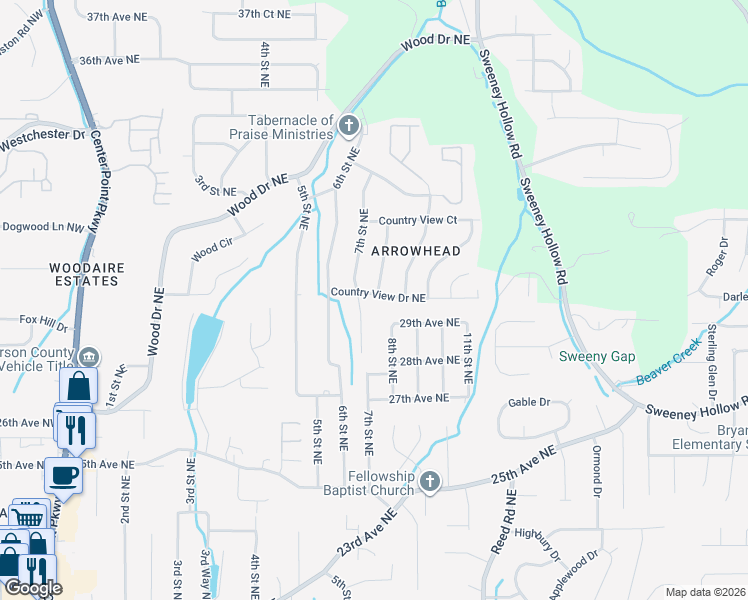 map of restaurants, bars, coffee shops, grocery stores, and more near 713 Country View Drive Northeast in Center Point