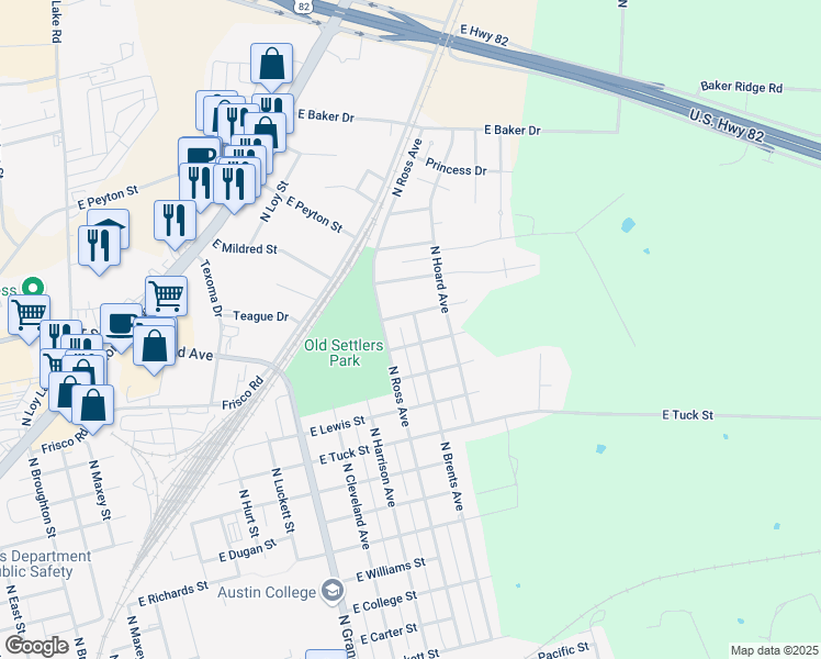 map of restaurants, bars, coffee shops, grocery stores, and more near 1712 North Brents Avenue in Sherman