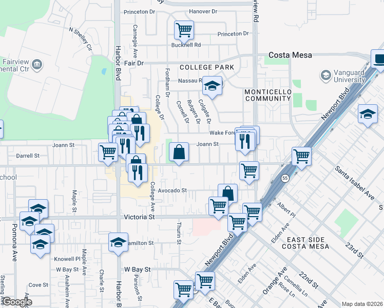 map of restaurants, bars, coffee shops, grocery stores, and more near 2268 Cornell Drive in Costa Mesa
