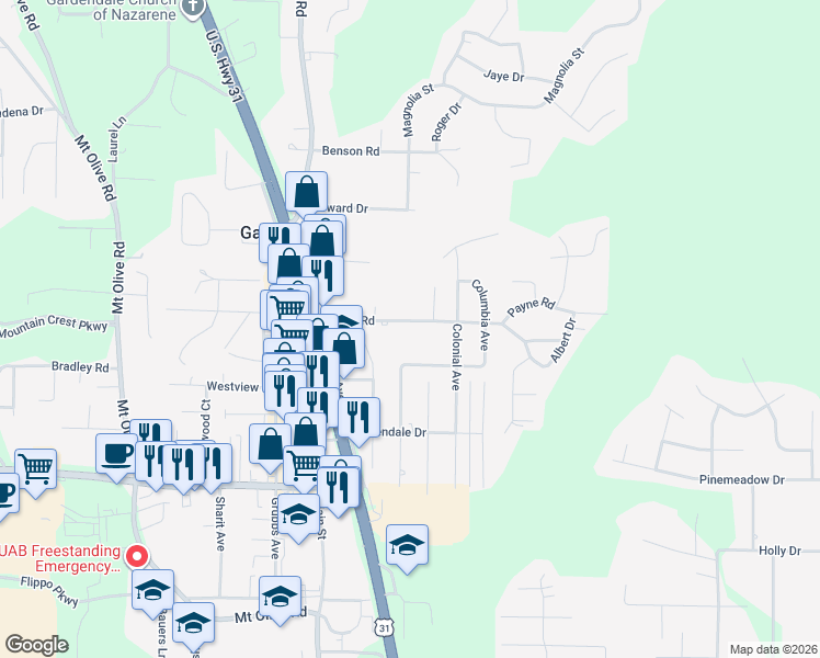 map of restaurants, bars, coffee shops, grocery stores, and more near 217 Payne Road in Gardendale