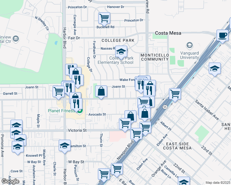 map of restaurants, bars, coffee shops, grocery stores, and more near 2268 Rutgers Drive in Costa Mesa