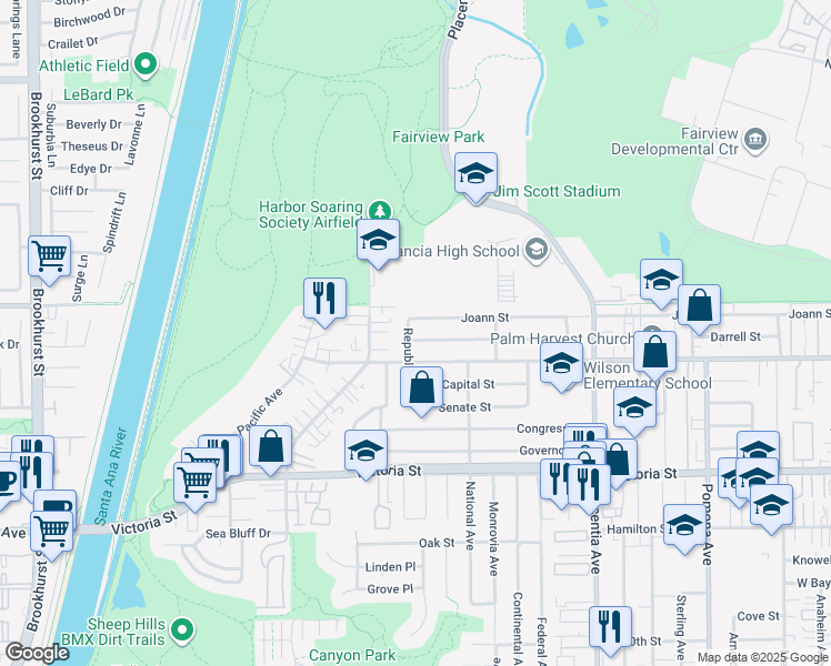 map of restaurants, bars, coffee shops, grocery stores, and more near 956 Darrell Street in Costa Mesa