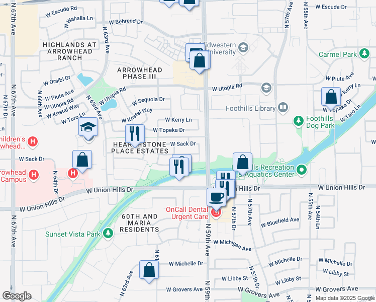 map of restaurants, bars, coffee shops, grocery stores, and more near 5942 West Kimberly Way in Glendale
