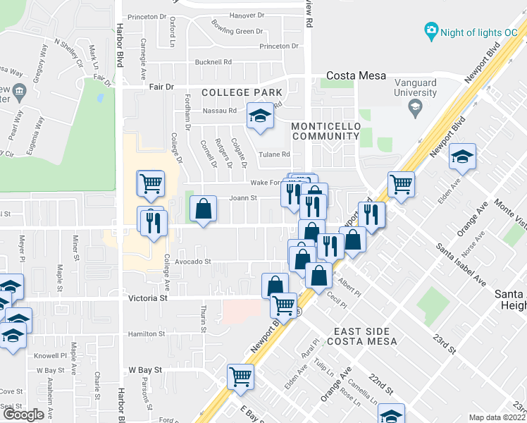map of restaurants, bars, coffee shops, grocery stores, and more near 2268 Avalon Street in Costa Mesa