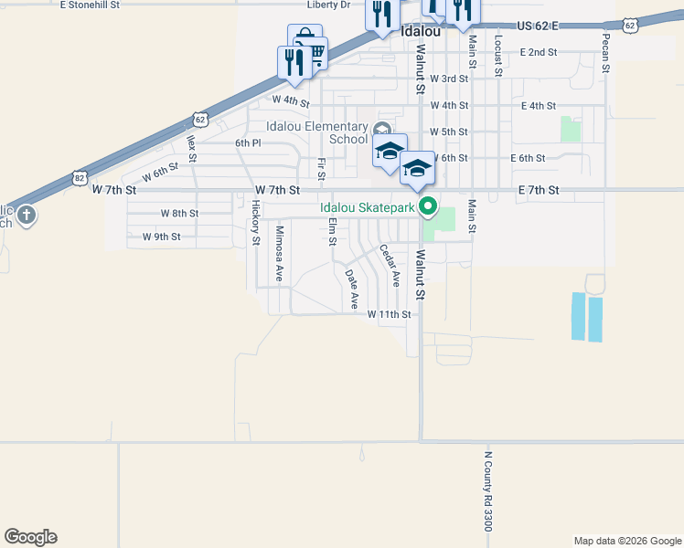map of restaurants, bars, coffee shops, grocery stores, and more near 1001 Date Avenue in Idalou