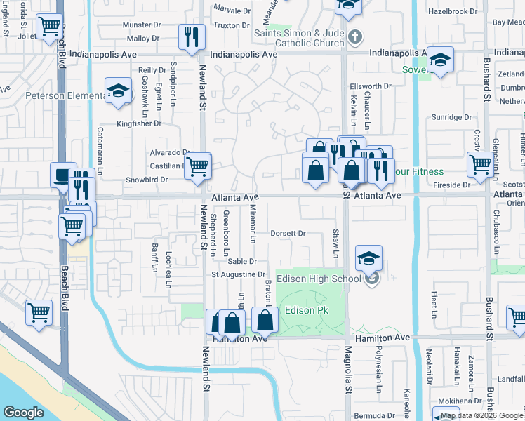 map of restaurants, bars, coffee shops, grocery stores, and more near 21041 Barbados Circle in Huntington Beach