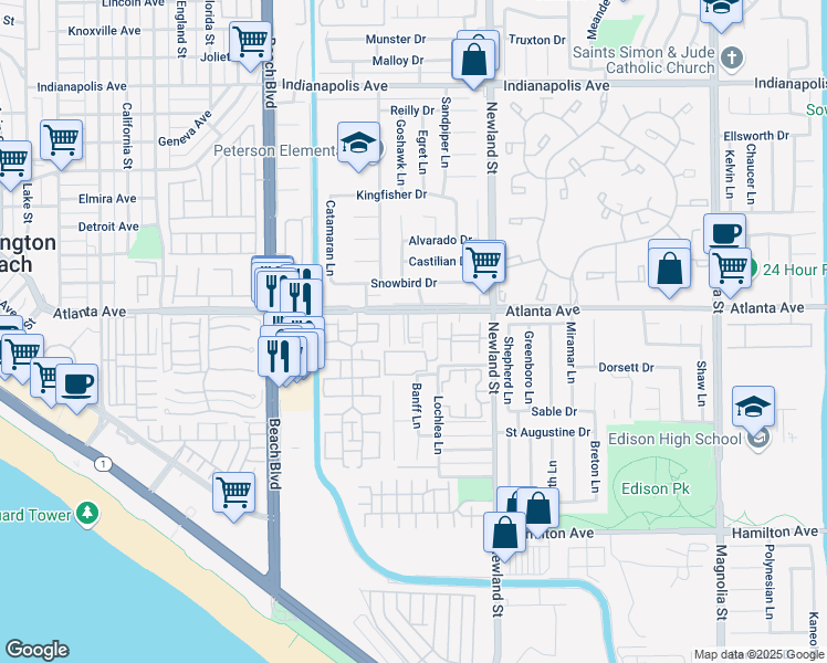 map of restaurants, bars, coffee shops, grocery stores, and more near 8308 Atlanta Avenue in Huntington Beach