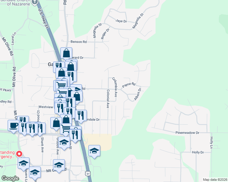 map of restaurants, bars, coffee shops, grocery stores, and more near 1216 Columbia Avenue in Gardendale