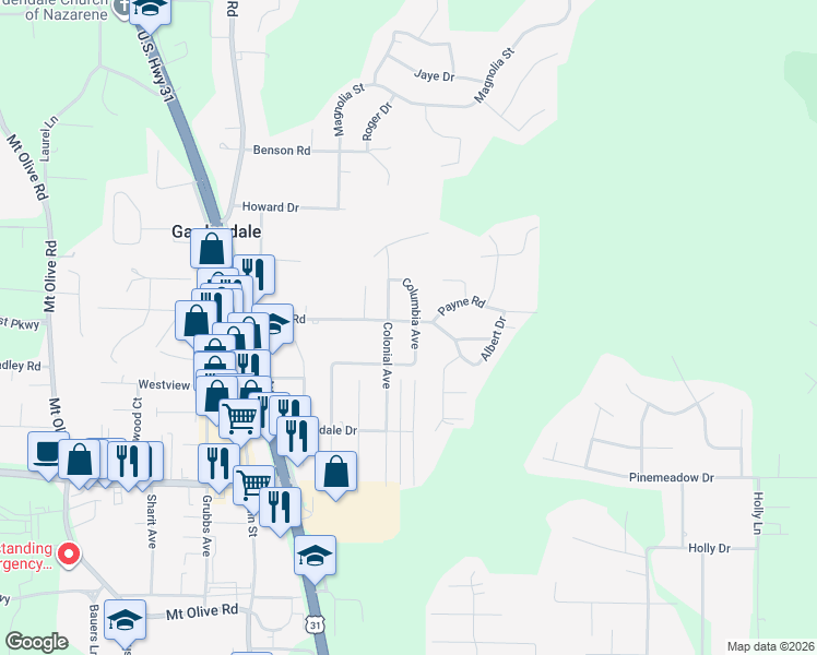 map of restaurants, bars, coffee shops, grocery stores, and more near 1216 Columbia Avenue in Gardendale