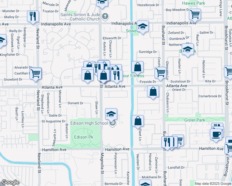 map of restaurants, bars, coffee shops, grocery stores, and more near 9132 Belcaro Drive in Huntington Beach