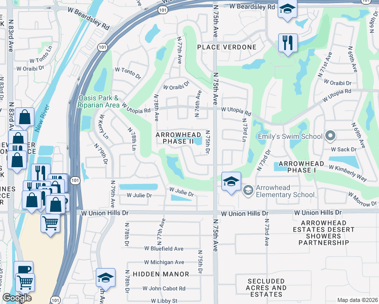map of restaurants, bars, coffee shops, grocery stores, and more near 19030 North 76th Avenue in Glendale