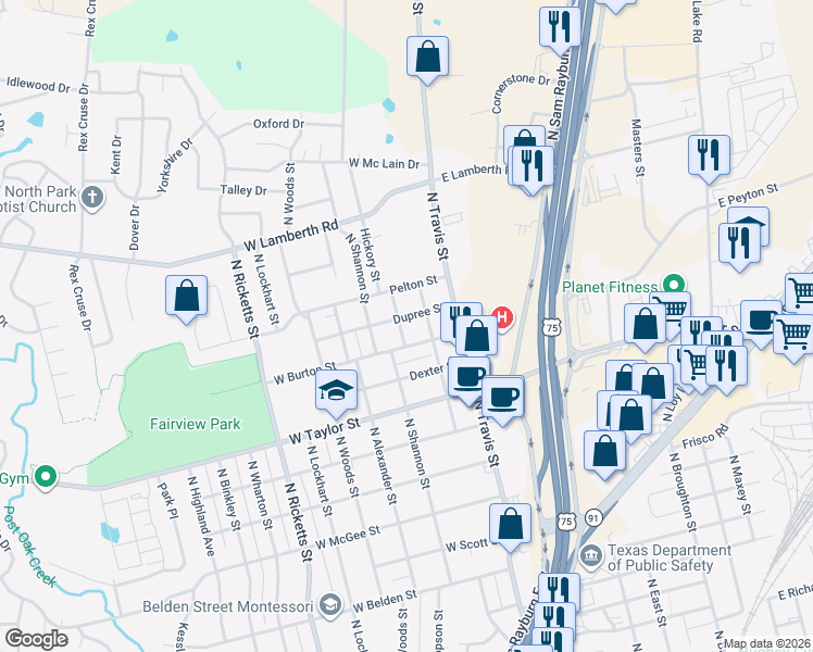 map of restaurants, bars, coffee shops, grocery stores, and more near 2117 North Hickory Street in Sherman