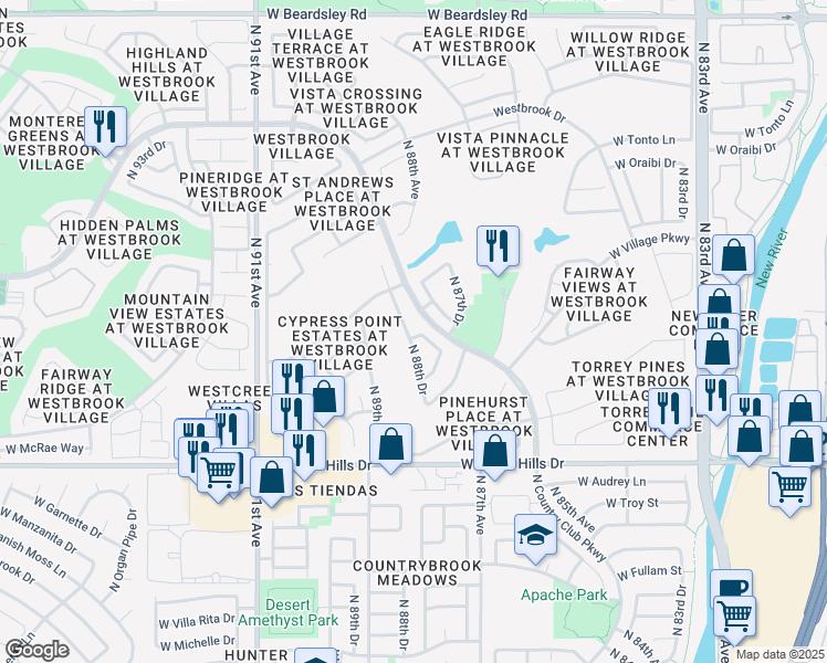 map of restaurants, bars, coffee shops, grocery stores, and more near 18888 North 88th Drive in Peoria