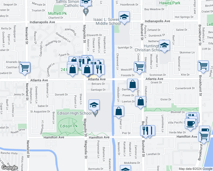 map of restaurants, bars, coffee shops, grocery stores, and more near 9202 Belcaro Drive in Huntington Beach