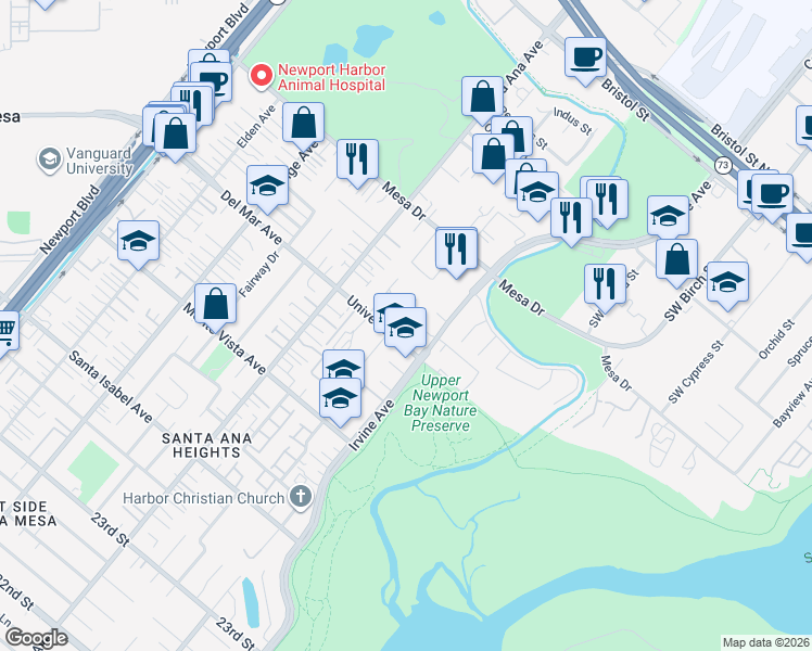 map of restaurants, bars, coffee shops, grocery stores, and more near 2604 Willo Lane in Costa Mesa