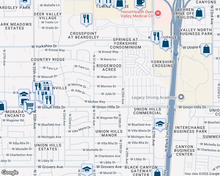 map of restaurants, bars, coffee shops, grocery stores, and more near 2949 West Morrow Drive in Phoenix