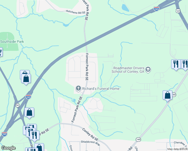 map of restaurants, bars, coffee shops, grocery stores, and more near 3575 Pine Forest Drive Southeast in Atlanta
