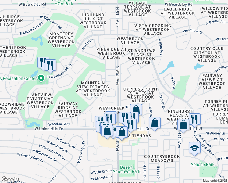 map of restaurants, bars, coffee shops, grocery stores, and more near 19012 North 91st Drive in Peoria