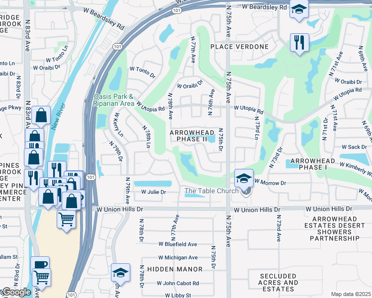 map of restaurants, bars, coffee shops, grocery stores, and more near 7719 West Topeka Drive in Glendale