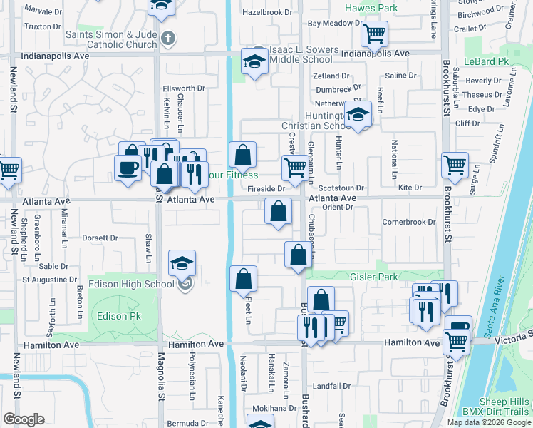 map of restaurants, bars, coffee shops, grocery stores, and more near 9372 Shadwell Dr in Huntington Beach