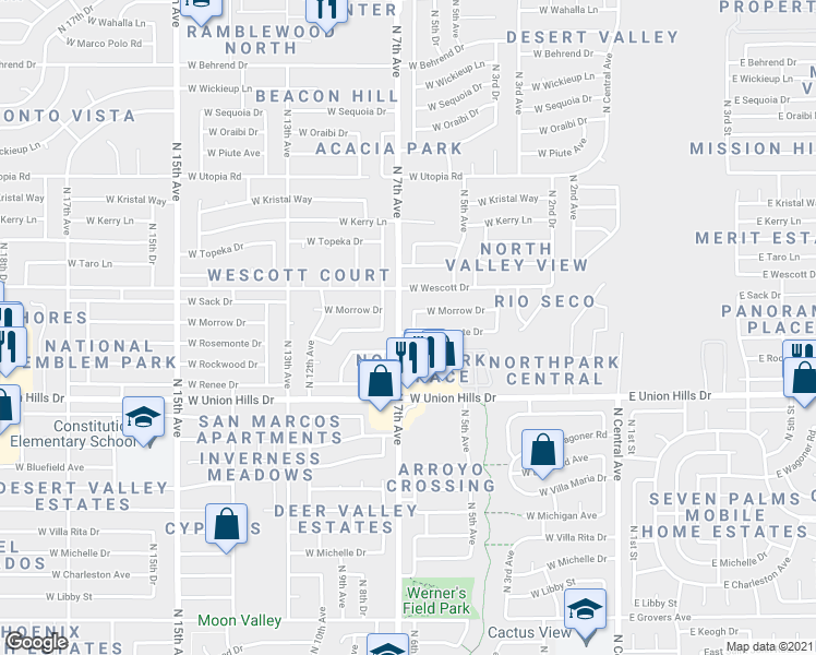 map of restaurants, bars, coffee shops, grocery stores, and more near 18806 North 6th Drive in Phoenix