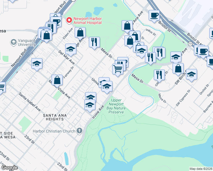 map of restaurants, bars, coffee shops, grocery stores, and more near 2604 Willo Lane in Costa Mesa