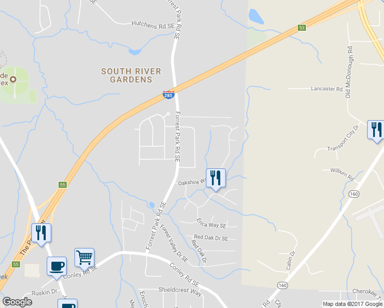 map of restaurants, bars, coffee shops, grocery stores, and more near 3575 Pine Forest Drive Southeast in Atlanta