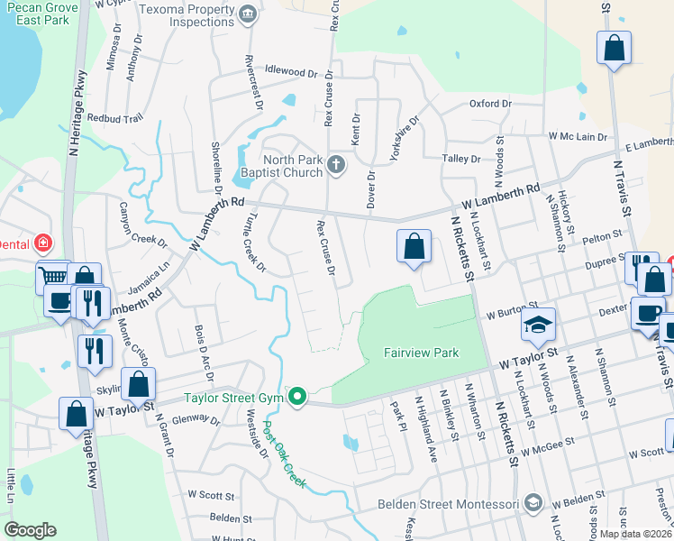 map of restaurants, bars, coffee shops, grocery stores, and more near 2217 Rex Cruse Drive in Sherman