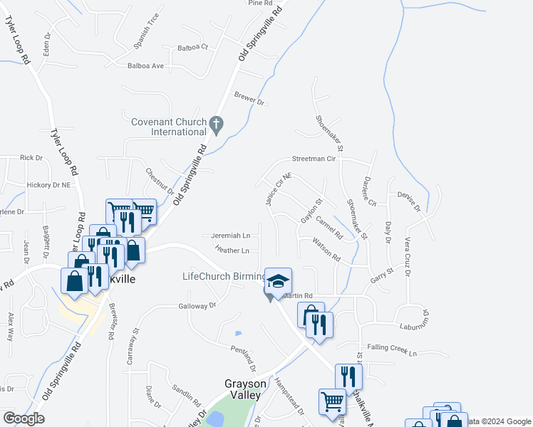 map of restaurants, bars, coffee shops, grocery stores, and more near 2552 Janice Circle Northeast in Birmingham