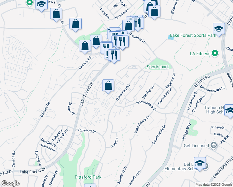 map of restaurants, bars, coffee shops, grocery stores, and more near 21011 Osterman Road in Lake Forest