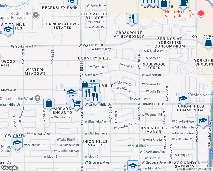 map of restaurants, bars, coffee shops, grocery stores, and more near 18823 North 33rd Drive in Phoenix