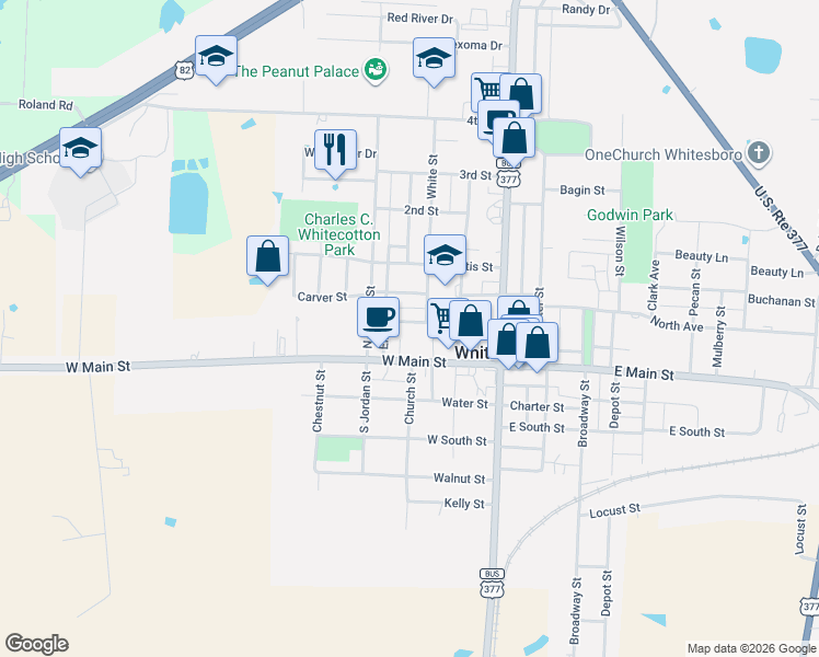 map of restaurants, bars, coffee shops, grocery stores, and more near 306 Hall Street in Whitesboro