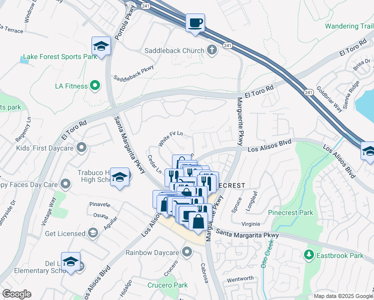 map of restaurants, bars, coffee shops, grocery stores, and more near 21075 Carob Lane in Mission Viejo