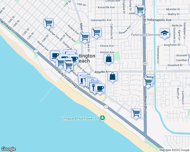 map of restaurants, bars, coffee shops, grocery stores, and more near 21040 Pacific City Circle in Huntington Beach